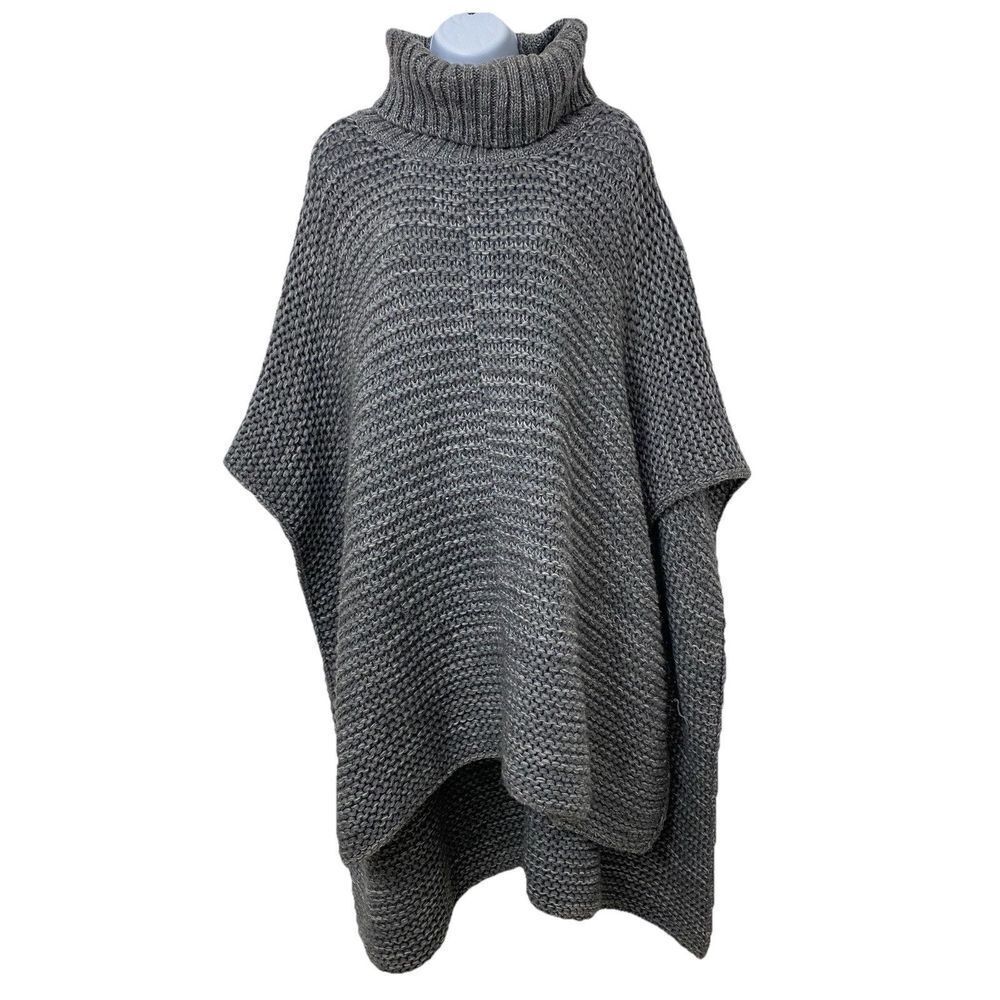 UGG Gray Chunky Knit Wool Blend Rollneck Turtleneck Pullover Poncho  Womens OS